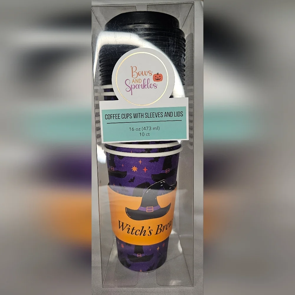 Witch Hat Halloween Cups with Lids And Sleeves 10ct